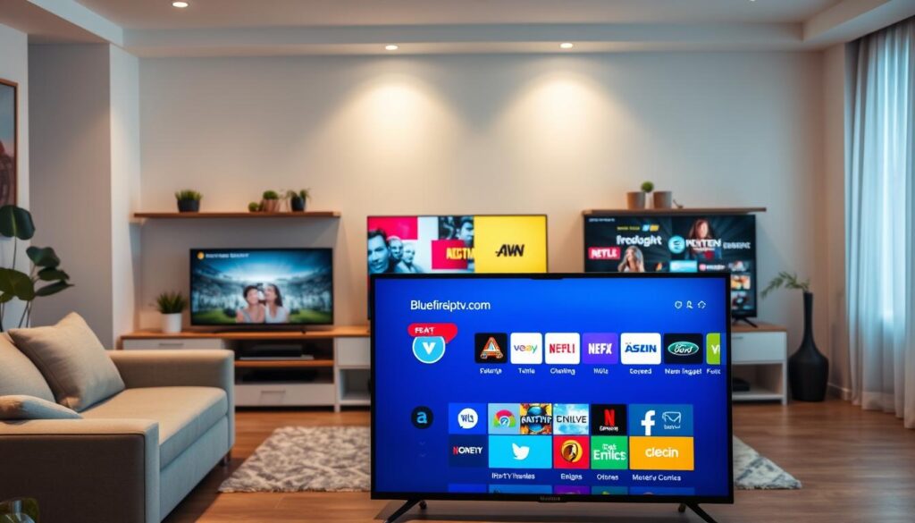 A modern living room scene showcasing various Smart TV brands, prominently displaying their compatibility with IPTV services. In the foreground, a sleek Smart TV with a vibrant screen showcasing the bluefireiptv.com interface, featuring an intuitive layout of streaming channels. The middle section features various well-known Smart TV brands, artfully arranged on a stylish media console, utilizing a mix of contemporary designs and colors. The background includes soft, ambient lighting, creating a warm and inviting atmosphere, with a cozy couch and decorative elements like indoor plants and artwork. The scene is captured from a slightly elevated angle, emphasizing the TV's interactions with streaming content, while maintaining a professional and polished look, perfect for an instructional article.