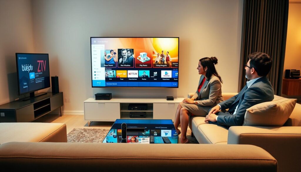 A modern living room setting designed for IPTV viewing, featuring a stylish smart TV displaying an Electronic Program Guide (EPG) interface with vibrant, intuitive graphics. In the foreground, a sleek sofa is occupied by a diverse group of three individuals dressed in professional business attire, engaged in friendly discussion while analyzing the EPG on the screen. The middle ground showcases the TV unit and a coffee table adorned with remote controls and a digital device, enhancing the IPTV experience. The background includes a well-lit environment with gentle, warm lighting, creating a cozy atmosphere. A subtle hint of the bluefireiptv.com logo is integrated into the EPG interface, emphasizing the service’s branding. The scene conveys a sense of modern convenience and collaboration in media consumption.