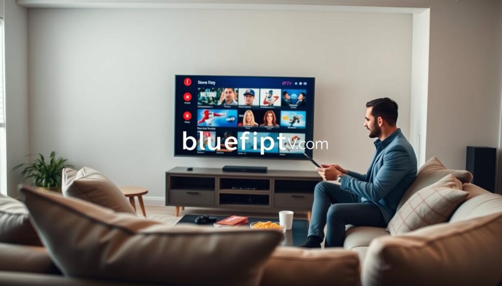 A modern living room setting features a sleek OLED television displaying various IPTV streaming services on the screen, showcasing vibrant movie and sports content. In the foreground, a comfortable couch with stylish throw pillows invites viewers in, while a coffee table holds snacks and a remote control. In the middle ground, a professional individual, dressed in smart casual attire, is seated with a tablet, engaged in selecting IPTV options, reflecting the ease of use and accessibility. The background includes soft, ambient lighting that creates a cozy atmosphere, suggesting a perfect home entertainment experience. Natural light filters through a window, enhancing the inviting mood. The logo "bluefireiptv.com" subtly appears on the TV screen in a sleek, non-intrusive manner, aligning with the theme of advanced streaming technology in 2026. A modern living room setting features a sleek OLED television displaying various IPTV streaming services on the screen, showcasing vibrant movie and sports content. In the foreground, a comfortable couch with stylish throw pillows invites viewers in, while a coffee table holds snacks and a remote control. In the middle ground, a professional individual, dressed in smart casual attire, is seated with a tablet, engaged in selecting IPTV options, reflecting the ease of use and accessibility. The background includes soft, ambient lighting that creates a cozy atmosphere, suggesting a perfect home entertainment experience. Natural light filters through a window, enhancing the inviting mood. The logo "bluefireiptv.com" subtly appears on the TV screen in a sleek, non-intrusive manner, aligning with the theme of advanced streaming technology in 2026.