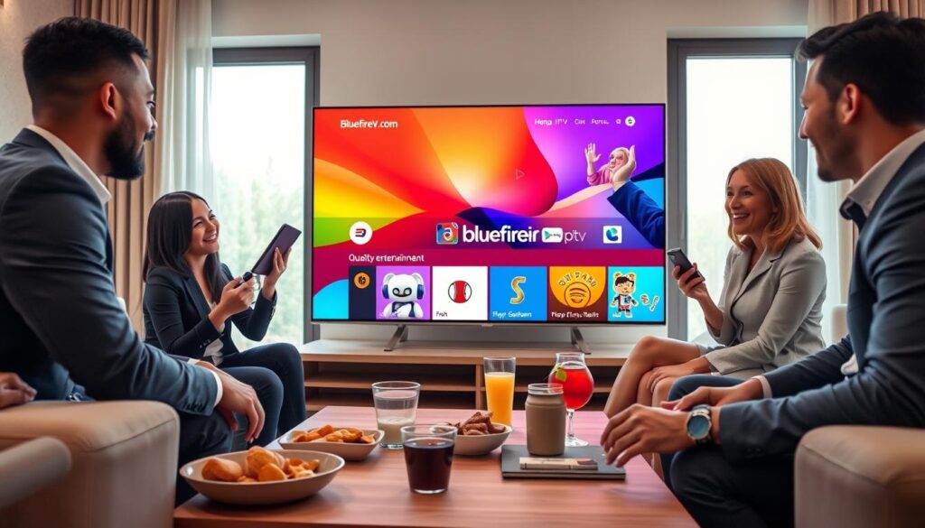 A modern living room setting, featuring a family gathered around a sleek flat-screen TV displaying a vibrant IPTV interface. In the foreground, a diverse group of three individuals, dressed in professional business attire, interacts with a tablet and a remote control, showcasing engagement and convenience. In the middle ground, a coffee table filled with snacks and beverages adds a cozy atmosphere. The background features large windows with soft natural light filtering in, creating a warm ambiance. The overall mood is one of excitement and satisfaction, reflecting trust in quality entertainment. Subtle branding elements of "bluefireiptv.com" are integrated into the IPTV interface. The composition is shot at eye level with a warm color palette, capturing a sense of togetherness and enjoyment. A modern living room setting, featuring a family gathered around a sleek flat-screen TV displaying a vibrant IPTV interface. In the foreground, a diverse group of three individuals, dressed in professional business attire, interacts with a tablet and a remote control, showcasing engagement and convenience. In the middle ground, a coffee table filled with snacks and beverages adds a cozy atmosphere. The background features large windows with soft natural light filtering in, creating a warm ambiance. The overall mood is one of excitement and satisfaction, reflecting trust in quality entertainment. Subtle branding elements of "bluefireiptv.com" are integrated into the IPTV interface. The composition is shot at eye level with a warm color palette, capturing a sense of togetherness and enjoyment.
