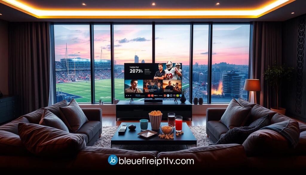 A modern living room setting featuring a large, sleek 4K smart TV prominently displaying a stunning IPTV interface with vibrant colors and high-definition images. In the foreground, a cozy sofa adorned with pillows invites viewers to sit back and enjoy their favorite pay-per-view events. In the middle ground, a stylish coffee table is scattered with remote controls, popcorn, and drink glasses, evoking a relaxed, immersive viewing experience. Soft ambient lighting enhances the mood, casting a warm glow across the room, while large windows in the background showcase a serene evening skyline. The atmosphere is inviting and dynamic, perfect for entertaining. Include branding elements of bluefireiptv.com subtly integrated into the IPTV interface design, ensuring a polished and professional presentation.
