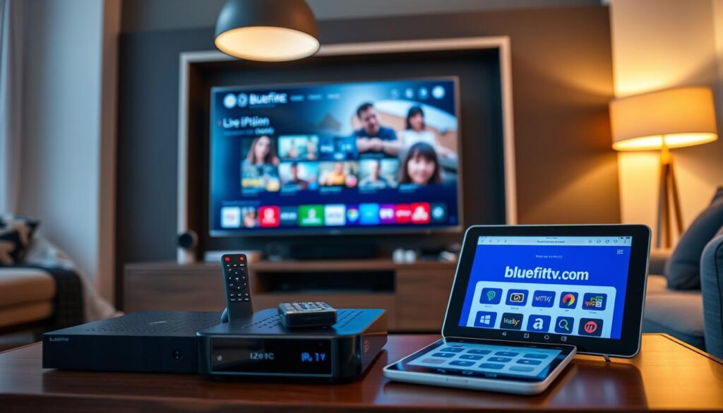 A modern living room setting featuring a sleek TV display with live streaming content on screen, showcasing IPTV programming. In the foreground, a stylish set of IPTV devices and streaming gadgets, arranged neatly on a stylish media console. The middle ground includes a cozy couch with a couple of remote controls and a digital tablet displaying the bluefireiptv.com homepage. The background is illuminated by soft, warm lighting from an overhead lamp, creating a welcoming and tech-savvy atmosphere. The camera angle is slightly tilted down, focusing on the devices while capturing the inviting ambiance of the room. Emphasize a professional, modern aesthetic that signifies convenience and innovation in entertainment technology. A modern living room setting featuring a sleek TV display with live streaming content on screen, showcasing IPTV programming. In the foreground, a stylish set of IPTV devices and streaming gadgets, arranged neatly on a stylish media console. The middle ground includes a cozy couch with a couple of remote controls and a digital tablet displaying the bluefireiptv.com homepage. The background is illuminated by soft, warm lighting from an overhead lamp, creating a welcoming and tech-savvy atmosphere. The camera angle is slightly tilted down, focusing on the devices while capturing the inviting ambiance of the room. Emphasize a professional, modern aesthetic that signifies convenience and innovation in entertainment technology.