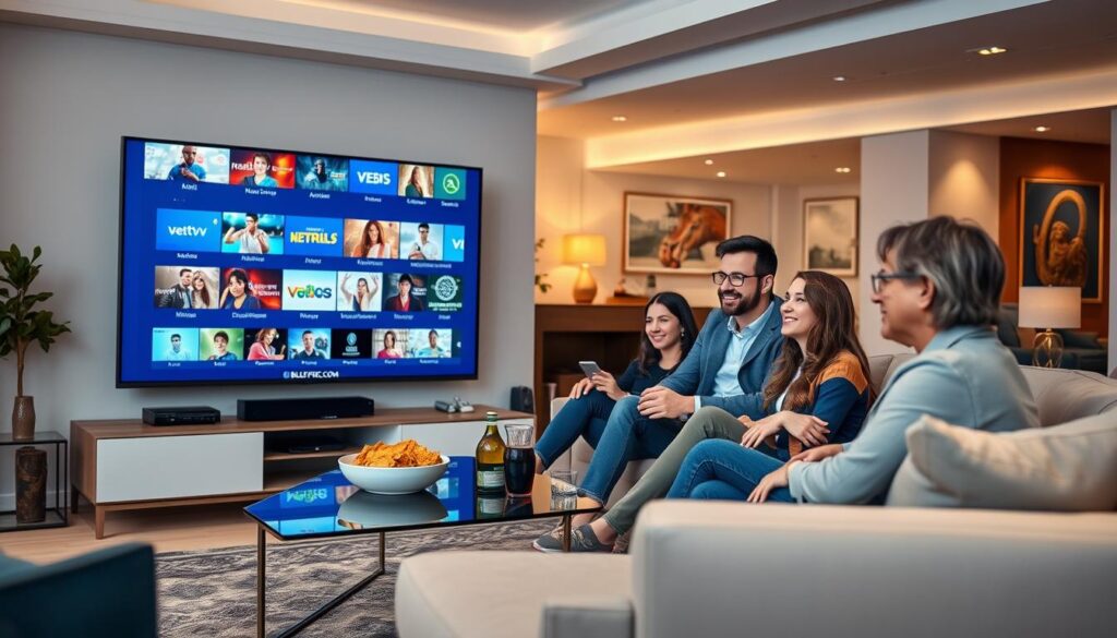 A modern living room setting, with a large flat-screen television displaying vibrant streaming content from bluefireiptv.com, showcasing varied genres, including sports, movies, and documentaries. In the foreground, a family of four, dressed in casual yet professional attire, is gathered on a sleek sofa, engaged and smiling as they watch together. The middle ground features a stylish coffee table with snacks and drinks, emphasizing a cozy atmosphere. The background reveals a well-lit room, adorned with ambient lighting and elegant decor, creating a warm and inviting mood. Use soft focus for the background to keep the attention on the family and the display, capturing the essence of high-quality and reliable IPTV streaming experiences.