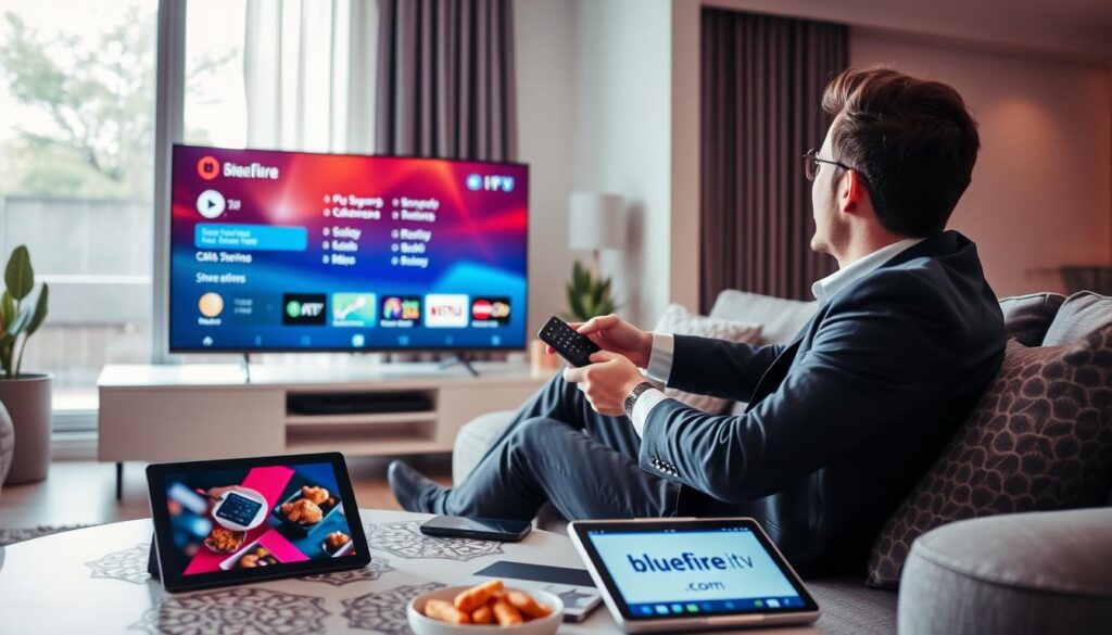 A modern living room setting with a sleek smart TV displaying a colorful interface of an IPTV service, highlighting features for seamless streaming. In the foreground, a professional-looking individual, dressed in business casual attire, is sitting comfortably on a stylish couch, eagerly navigating the IPTV options using a remote control. The middle ground features a decorative coffee table with snacks and a tablet showing the website bluefireiptv.com. The background captures ambient lighting from a large window allowing natural light to flood the room, creating a warm and inviting atmosphere. The angle is slightly elevated, focusing on the individual and the TV, while a cozy décor enhances the mood of relaxation and entertainment, ideal for streaming content. A modern living room setting with a sleek smart TV displaying a colorful interface of an IPTV service, highlighting features for seamless streaming. In the foreground, a professional-looking individual, dressed in business casual attire, is sitting comfortably on a stylish couch, eagerly navigating the IPTV options using a remote control. The middle ground features a decorative coffee table with snacks and a tablet showing the website bluefireiptv.com. The background captures ambient lighting from a large window allowing natural light to flood the room, creating a warm and inviting atmosphere. The angle is slightly elevated, focusing on the individual and the TV, while a cozy décor enhances the mood of relaxation and entertainment, ideal for streaming content.