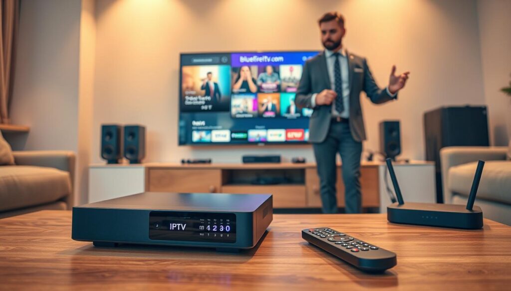 A modern living room setup featuring devices supporting IPTV streaming. In the foreground, a sleek IPTV box with an illuminated display sits prominently on a wooden coffee table, next to a remote control. The middle ground includes a large flat-screen television displaying vibrant IPTV content, while a digital streaming device connects to the TV via HDMI. In the background, there are smart speakers and a router, showcasing a connected smart home environment. The room is warmly lit with soft ambient lighting, giving a cozy and inviting atmosphere. A professional individual in smart casual clothing interacts with the devices, emphasizing usability. Include the brand name "bluefireiptv.com" subtly displayed on the IPTV box. The angle is slightly from above, capturing the entire scene harmoniously. A modern living room setup featuring devices supporting IPTV streaming. In the foreground, a sleek IPTV box with an illuminated display sits prominently on a wooden coffee table, next to a remote control. The middle ground includes a large flat-screen television displaying vibrant IPTV content, while a digital streaming device connects to the TV via HDMI. In the background, there are smart speakers and a router, showcasing a connected smart home environment. The room is warmly lit with soft ambient lighting, giving a cozy and inviting atmosphere. A professional individual in smart casual clothing interacts with the devices, emphasizing usability. Include the brand name "bluefireiptv.com" subtly displayed on the IPTV box. The angle is slightly from above, capturing the entire scene harmoniously.