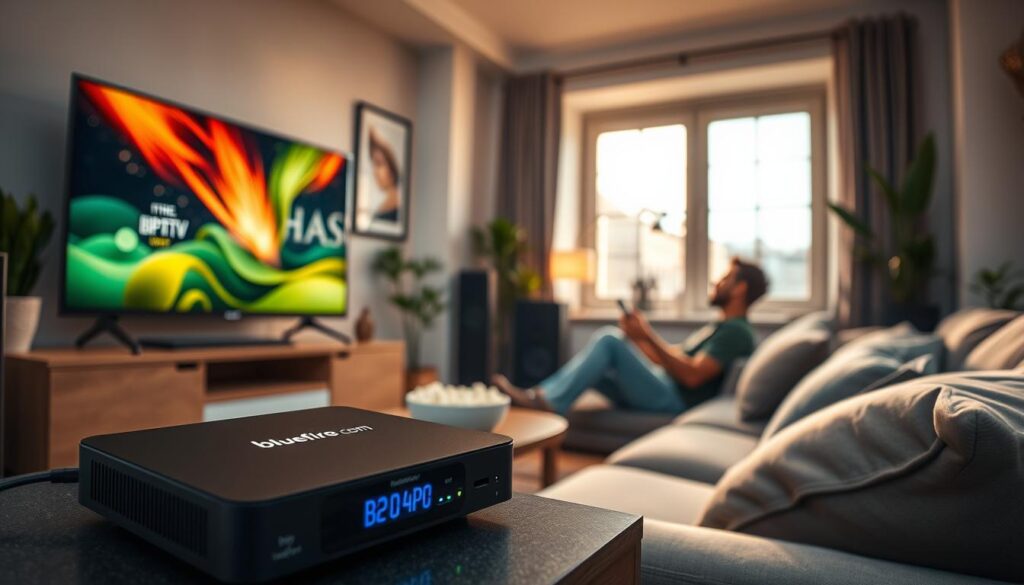 A modern living room setup focused on IPTV for quality streaming. In the foreground, a sleek, flat-screen television displays vibrant imagery, connected to a stylish media box labeled "bluefireiptv.com." The middle ground features a comfortable sofa with plush cushions, where a casually dressed person sits, holding a remote control, intently navigating through channels. On a side table, there’s a bowl of popcorn, adding a cozy ambiance. The background is softly illuminated by warm, natural light filtering through a large window, enhancing the inviting atmosphere. The room is decorated with contemporary art and houseplants, creating a relaxing yet tech-savvy environment. Use a standard lens perspective to capture the entire scene, with a slight bokeh effect on the background for depth. A modern living room setup focused on IPTV for quality streaming. In the foreground, a sleek, flat-screen television displays vibrant imagery, connected to a stylish media box labeled "bluefireiptv.com." The middle ground features a comfortable sofa with plush cushions, where a casually dressed person sits, holding a remote control, intently navigating through channels. On a side table, there’s a bowl of popcorn, adding a cozy ambiance. The background is softly illuminated by warm, natural light filtering through a large window, enhancing the inviting atmosphere. The room is decorated with contemporary art and houseplants, creating a relaxing yet tech-savvy environment. Use a standard lens perspective to capture the entire scene, with a slight bokeh effect on the background for depth.