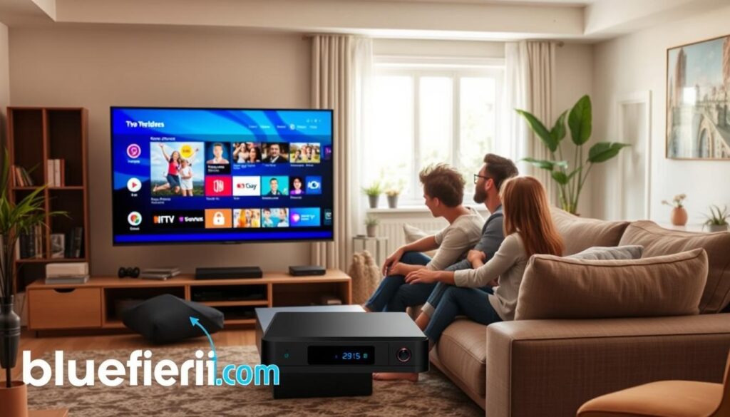 A modern living room setup showcasing IPTV service accessibility. In the foreground, a sleek smart TV displays a vibrant streaming interface, with diverse categories of content visible. To the left, a family of four—dressed in casual, comfortable clothing—sits on a stylish sofa, captivated by the screen, radiating a sense of enjoyment and connection. In the middle, a multimedia device connected to the TV is subtly visible, representing advanced technology. The background features a bright window with natural light flowing in, creating a warm and inviting atmosphere. The room is tastefully decorated with contemporary furniture and plants for an engaging setting. Include subtle branding for bluefireiptv.com, ensuring it harmonizes with the overall aesthetic. The scene captures the essence of modern streaming convenience and accessibility. A modern living room setup showcasing IPTV service accessibility. In the foreground, a sleek smart TV displays a vibrant streaming interface, with diverse categories of content visible. To the left, a family of four—dressed in casual, comfortable clothing—sits on a stylish sofa, captivated by the screen, radiating a sense of enjoyment and connection. In the middle, a multimedia device connected to the TV is subtly visible, representing advanced technology. The background features a bright window with natural light flowing in, creating a warm and inviting atmosphere. The room is tastefully decorated with contemporary furniture and plants for an engaging setting. Include subtle branding for bluefireiptv.com, ensuring it harmonizes with the overall aesthetic. The scene captures the essence of modern streaming convenience and accessibility.