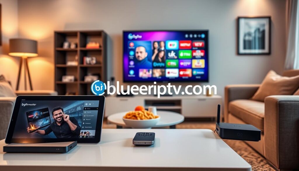 A modern living room setup showcasing various devices that are compatible with IPTV Monster, such as a sleek smart TV, a tablet, a smartphone, and a streaming device. In the foreground, a stylish coffee table with a remote control and snacks, indicating a cozy streaming atmosphere. The middle ground features the smart TV displaying the IPTV Monster interface, with vibrant colors and a user-friendly layout. The background includes soft lighting from a stylish lamp and cozy furnishings to create a welcoming ambiance. The scene is shot from a slight angle to capture both the technology and the inviting atmosphere, with warm, soft light enhancing the comfort level of the room. The brand "bluefireiptv.com" subtly integrated into the visible home decor, such as a framed item or decorative element.