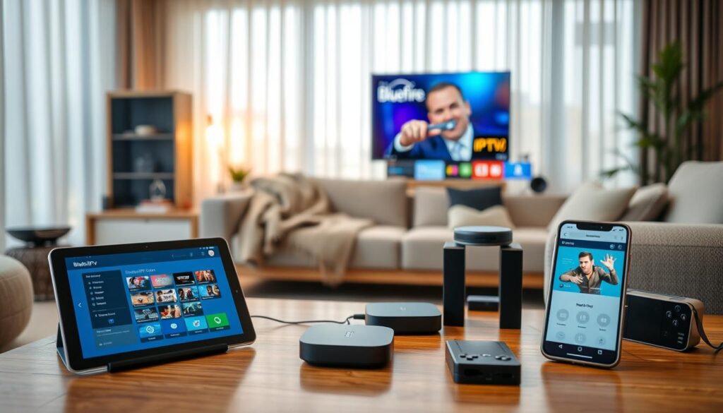 A modern living room showcasing a variety of devices compatible with IPTV services, focusing on a sleek Smart TV displaying a vibrant interface. In the foreground, a stylish coffee table holds a tablet and smartphone with the bluefireiptv.com website open. The middle features a cozy sofa with a plush throw, and an array of streaming devices like a media box, streaming stick, and a gaming console, all connected to the TV. The background portrays a softly lit room with gentle daylight streaming through sheer curtains, creating a warm and inviting atmosphere. The mood is relaxed, emphasizing a seamless setup experience for streaming services in 2026. Depth of field should be used to keep the foreground in sharp focus, while the background remains slightly blurred to enhance visual interest. A modern living room showcasing a variety of devices compatible with IPTV services, focusing on a sleek Smart TV displaying a vibrant interface. In the foreground, a stylish coffee table holds a tablet and smartphone with the bluefireiptv.com website open. The middle features a cozy sofa with a plush throw, and an array of streaming devices like a media box, streaming stick, and a gaming console, all connected to the TV. The background portrays a softly lit room with gentle daylight streaming through sheer curtains, creating a warm and inviting atmosphere. The mood is relaxed, emphasizing a seamless setup experience for streaming services in 2026. Depth of field should be used to keep the foreground in sharp focus, while the background remains slightly blurred to enhance visual interest.