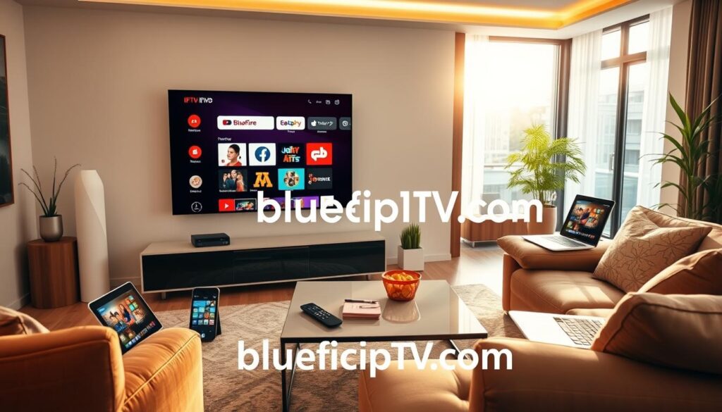 A modern living room showcasing multi-device compatibility with IPTV Golden. In the foreground, a sleek smart TV displays the IPTV interface, surrounded by various devices like a tablet, smartphone, and a laptop, all streaming effortlessly. The middle ground features a stylish coffee table with a remote and snacks, while a comfortable couch provides a welcoming space. The background is softly lit with natural light streaming through large windows, highlighting a contemporary decor vibe. The atmosphere is relaxed and inviting, emphasizing the convenience of seamless streaming across devices. Include the brand name "bluefireiptv.com" subtly integrated into the design. Use warm lighting and a wide-angle lens perspective to enhance the scene.