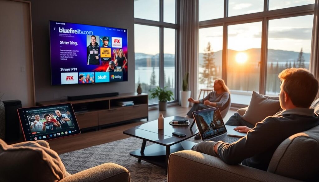 A modern living room showcasing multi-screen viewing options for IPTV in a Canadian household. In the foreground, a large wall-mounted smart TV displays a vibrant streaming interface from "bluefireiptv.com". Adjacent, a sleek tablet rests on a stylish coffee table, showing a live sports event, while a laptop nearby is streaming a family movie. In the middle, an inviting sofa surrounds a cozy ambiance, with soft lighting casting a warm glow. In the background, large windows provide a view of the Canadian landscape, emphasizing a homey atmosphere. The scene conveys a sense of connection and leisure, ideal for families enjoying diverse content together. The camera angle is slightly elevated, capturing the arrangement and layout intuitively.