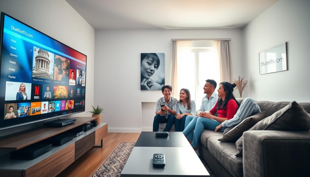 A modern living room showcasing the advantages of Hispano IPTV over traditional television services. The foreground features a sleek, flat-screen TV displaying a vibrant streaming menu with diverse content options. A family of four, dressed in smart casual clothing, enjoys a movie together on a comfortable couch, laughing and engaged. In the middle, a stylish entertainment unit holds various streaming devices, while a remote control rests on the coffee table, emphasizing easy access. The background includes a bright window allowing natural light to flood the room, enhancing the cozy atmosphere. Soft, warm lighting creates an inviting mood, highlighting the freedom and flexibility of streaming. Incorporate the brand name "bluefireiptv.com" subtly on a wall-mounted poster. The overall composition should convey modernity, connectivity, and enjoyment.
