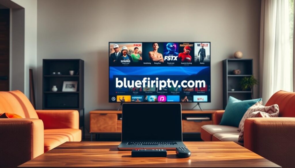 A modern living room with a large flat-screen TV displaying vibrant streaming content, showcasing a variety of genres such as movies, sports, and documentaries. In the foreground, a stylish coffee table features a laptop and a remote control, symbolizing easy access to IPTV services. The middle ground includes a comfortable sofa with colorful cushions, inviting viewers to sit back and enjoy the entertainment. In the background, soft natural light streams through a window, creating a warm ambiance that enhances the cozy atmosphere. The scene subtly incorporates the brand name "bluefireiptv.com" on the TV screen in a non-distracting manner. The overall mood is relaxed and inviting, perfect for a captivating streaming experience.