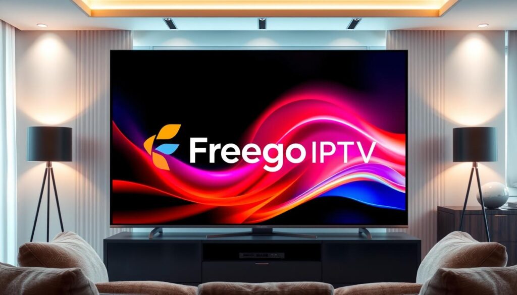 A modern living room with a sleek entertainment system in the foreground, showcasing a large smart TV displaying vibrant, high-definition streaming content. The TV screen features the logo of "Freego IPTV" prominently with an emphasis on clarity and color richness, symbolizing its superior streaming quality. In the middle, a cozy sofa with plush cushions invites viewers to relax, surrounded by a warm ambient glow from stylish lighting fixtures above. The background reveals a window with soft natural light filtering in, enhancing the serene atmosphere. Focus on showcasing the smooth, uninterrupted video playback on the screen, illustrating anti-buffering technology at work. The overall mood should be inviting and contemporary, reflecting a premium home entertainment experience. Include subtle branding of "bluefireiptv.com" on the TV screen to signify its association. A modern living room with a sleek entertainment system in the foreground, showcasing a large smart TV displaying vibrant, high-definition streaming content. The TV screen features the logo of "Freego IPTV" prominently with an emphasis on clarity and color richness, symbolizing its superior streaming quality. In the middle, a cozy sofa with plush cushions invites viewers to relax, surrounded by a warm ambient glow from stylish lighting fixtures above. The background reveals a window with soft natural light filtering in, enhancing the serene atmosphere. Focus on showcasing the smooth, uninterrupted video playback on the screen, illustrating anti-buffering technology at work. The overall mood should be inviting and contemporary, reflecting a premium home entertainment experience. Include subtle branding of "bluefireiptv.com" on the TV screen to signify its association.
