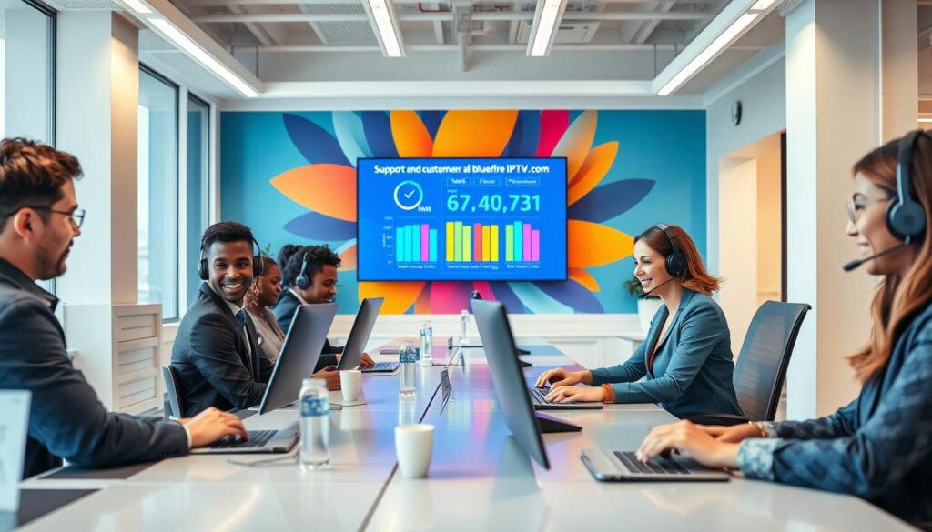 A modern office environment showcasing "Support and Customer Service Excellence." In the foreground, a diverse group of three professional customer service representatives, men and women of varying ethnicities, are seated at sleek desks, engaged in assisting clients with headphones on. Their attire is smart casual, reflecting a friendly yet professional atmosphere. In the middle ground, a large interactive screen displays metrics of customer satisfaction, with bright, pleasing colors. The background features vibrant wall art with the tagline "bluefireiptv.com," inviting and relevant to IPTV support. The lighting is bright and warm, creating an inviting and productive environment. The angle is slightly elevated, offering a comprehensive view of teamwork in action, evoking a sense of collaboration and excellence in service.