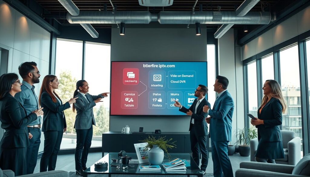A modern office environment with a sleek, high-tech feel, featuring a large screen displaying interactive graphics illustrating the key features of IPTV services: live streaming, video on demand, and cloud DVR. In the foreground, a diverse group of professionals in smart business attire are engaged in discussion, pointing at the screen, their expressions reflecting excitement and engagement. The middle section includes a stylish coffee table with tech gadgets and brochures from "bluefireiptv.com". The background shows large windows with natural light flooding in, contrasting with the warm glow from the screen. The mood is vibrant and collaborative, emphasizing innovation in the streaming industry. The scene is captured with a slightly elevated angle to enhance the dynamic interactions among the professionals.