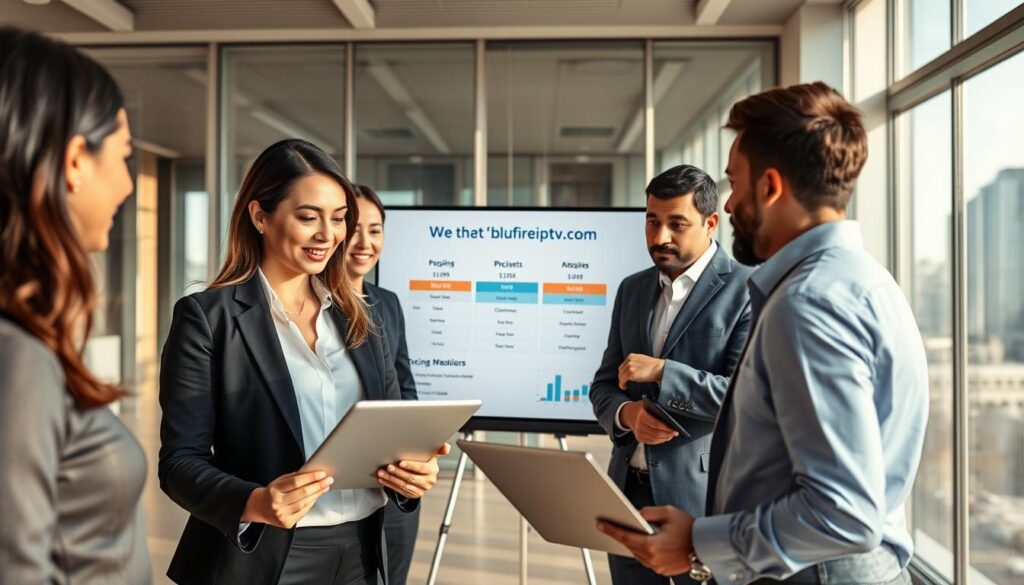 A modern office scene featuring a diverse group of professionals discussing IPTV pricing models. In the foreground, a businesswoman in smart attire outlines various subscription plans on a digital tablet, while a businessman, wearing a tailored suit, analyzes data on a laptop beside her. The middle of the image includes an interactive digital whiteboard displaying graphs and charts highlighting pricing tiers and features. The background showcases a sleek office environment with large windows and city views, filled with natural light, creating a dynamic atmosphere. The mood is vibrant and focused, reflecting collaboration and innovation in the IPTV industry. Include the brand name "bluefireiptv.com" subtly integrated into the digital presentation on the whiteboard.