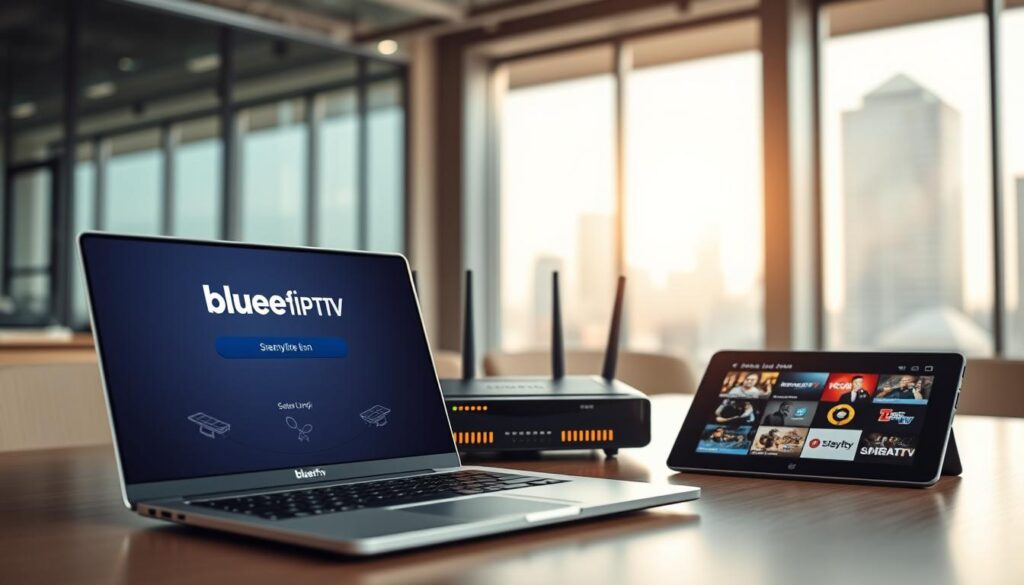 A modern office setting with a focus on IPTV technology; in the foreground, a sleek laptop displaying a user-friendly interface for accessing "bluefireiptv.com," surrounded by annotated diagrams of satellite links and streaming networks. The middle ground features a high-tech router with blinking indicator lights, symbolizing connectivity, alongside a tablet showcasing streaming options. In the background, a large window reveals a vibrant cityscape, with soft sunlight filtering through, creating a warm and inviting atmosphere. The scene conveys professionalism and efficiency in a digital workspace, with a slight depth of field to focus on the devices. The mood is optimistic and productive, emphasizing best practices for accessing premium content safely and effectively. A modern office setting with a focus on IPTV technology; in the foreground, a sleek laptop displaying a user-friendly interface for accessing "bluefireiptv.com," surrounded by annotated diagrams of satellite links and streaming networks. The middle ground features a high-tech router with blinking indicator lights, symbolizing connectivity, alongside a tablet showcasing streaming options. In the background, a large window reveals a vibrant cityscape, with soft sunlight filtering through, creating a warm and inviting atmosphere. The scene conveys professionalism and efficiency in a digital workspace, with a slight depth of field to focus on the devices. The mood is optimistic and productive, emphasizing best practices for accessing premium content safely and effectively.
