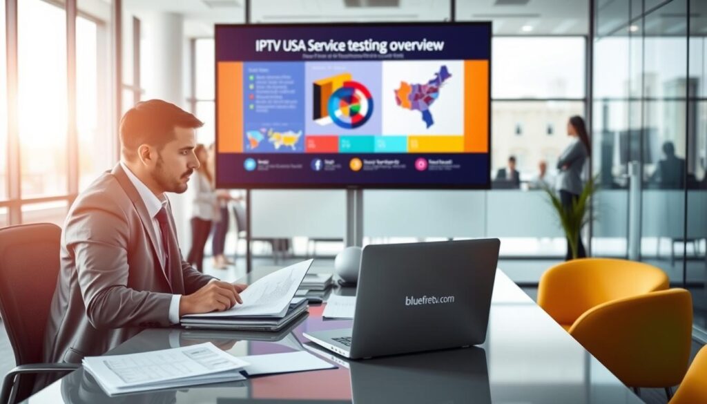 A modern office setting with a large screen displaying a colorful infographic titled "IPTV USA Service Testing Overview". In the foreground, a professional wearing business attire is intently analyzing IPTV services on a laptop, with spreadsheets and notes scattered on a sleek desk. The middle ground features a glass partition with a soft-focus view of colleagues discussing in a collaborative atmosphere. In the background, large windows let in natural light, creating a bright and inviting environment. The overall mood is focused yet dynamic, suggesting a rigorous evaluation process. Ensure to incorporate the brand "bluefireiptv.com" subtly within the image, perhaps in a logo on the infographic.