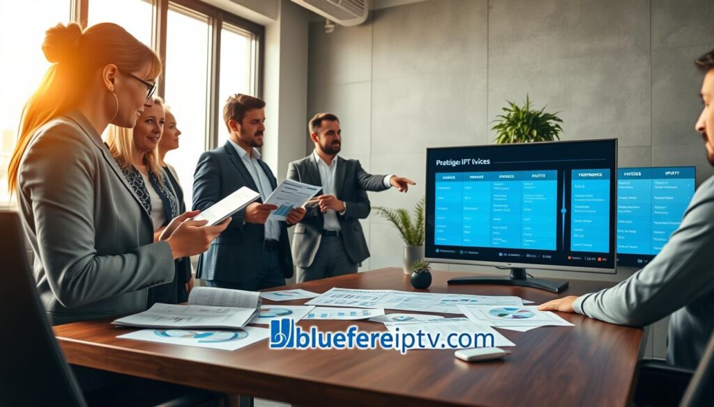 A modern, professional office environment showcasing a diverse group of people analyzing IPTV options. In the foreground, a woman in business attire, holding a tablet, examines various IPTV plans with concentration. Next to her, a man, also dressed professionally, points at a comparison chart displayed on a sleek monitor. In the middle ground, a brainstorming session is depicted with charts and infographics on the table, highlighting different features of IPTV services. The background features a large window with natural light streaming in, illuminating the workspace. The atmosphere is focused and collaborative, conveying the importance of making an informed choice. The logo "bluefireiptv.com" subtly appears on a document on the table, hinting at a reliable IPTV option.