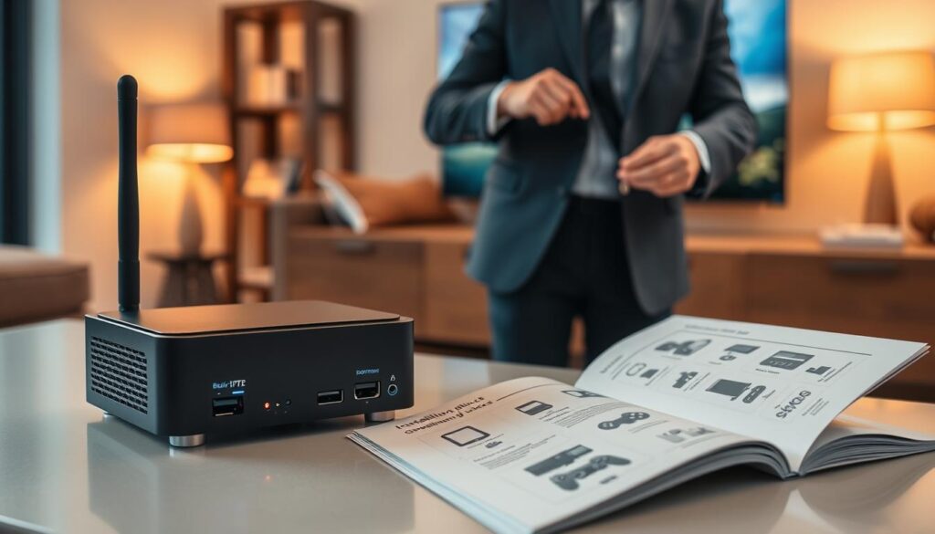 A modern, sleek Bunnystream IPTV device displayed prominently in the foreground, showcasing its stylish design with illuminated buttons and ports. In the middle ground, a user-friendly installation guide rests open, featuring clearly labeled diagrams and steps for device compatibility, highlighting various compatible devices like smart TVs, tablets, and gaming consoles. The background consists of a cozy living room setting, subtly lit with warm, inviting tones that suggest a friendly viewing atmosphere. A person in professional business attire is shown carefully connecting the Bunnystream IPTV device to a TV, exuding focus and engagement. The composition emphasizes clarity and ease, with a depth of field that subtly blurs the background to keep the focus on the device and guide. The brand name "bluefireiptv.com" is thoughtfully integrated into the image without text.