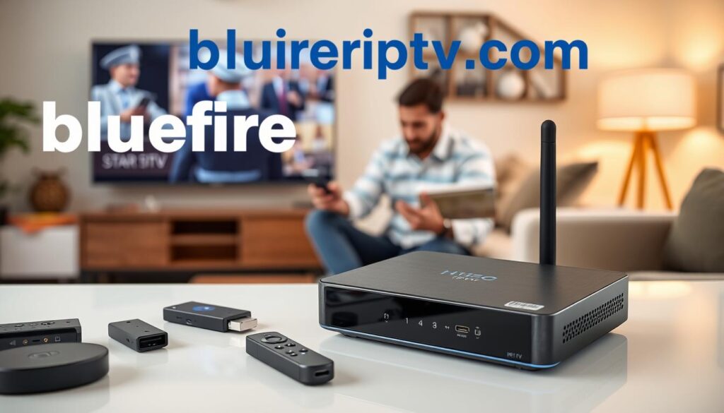 A modern, sleek Hispano IPTV device prominently displayed in the foreground, showcasing its user-friendly design and intuitive buttons. Surrounding the device are various compatible gadgets such as smart TVs, streaming sticks, and tablets, arranged elegantly to illustrate versatility. The middle ground features a user installing the device, depicted in professional casual attire, using modern tools like a smartphone and an installation guide booklet. In the background, a cozy living room setting with warm lighting enhances the atmosphere of a comfortable home entertainment experience. The scene is captured with a soft focus to highlight the IPTV device while maintaining a clear, inviting mood to suggest ease of use. The brand name "bluefireiptv.com" is subtly integrated into the background without drawing attention away from the central elements.