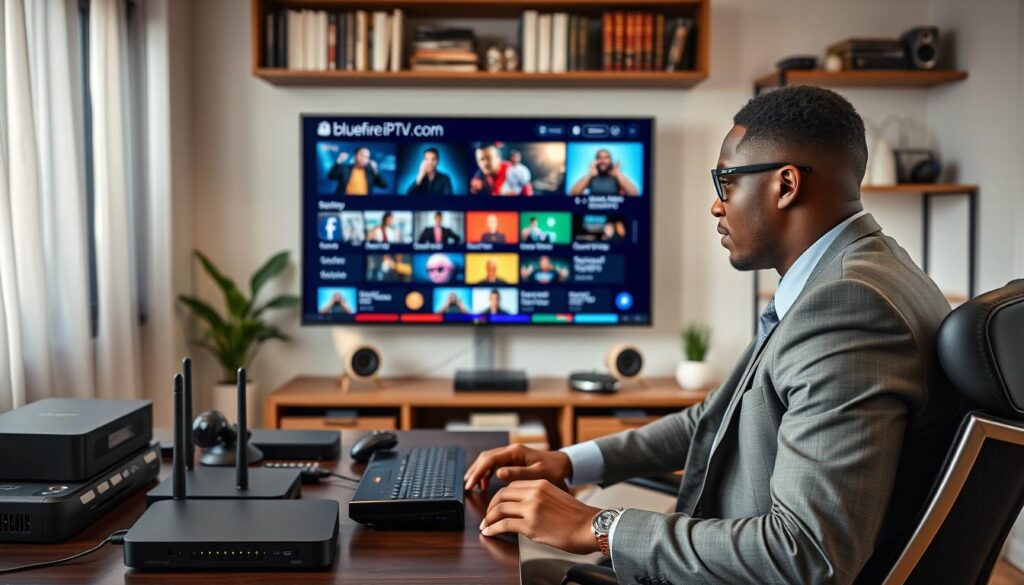 A modern, sleek home office setting where a professional in business attire is focused on a large, high-resolution screen displaying a vibrant, seamless IPTV streaming interface from bluefireiptv.com. The foreground features the person, a man or woman of diverse descent, seated at a stylish desk cluttered with tech gadgets symbolizing reliability, like a stable router and streaming devices. In the middle, the screen glows with vivid imagery from various streaming content, highlighting smooth playback. The background includes a shelf with books on technology and media, creating an organized yet dynamic atmosphere. Soft, natural lighting invites a welcoming feel, capturing the essence of a dependable streaming experience, underscored by a sense of engagement and professionalism. A modern, sleek home office setting where a professional in business attire is focused on a large, high-resolution screen displaying a vibrant, seamless IPTV streaming interface from bluefireiptv.com. The foreground features the person, a man or woman of diverse descent, seated at a stylish desk cluttered with tech gadgets symbolizing reliability, like a stable router and streaming devices. In the middle, the screen glows with vivid imagery from various streaming content, highlighting smooth playback. The background includes a shelf with books on technology and media, creating an organized yet dynamic atmosphere. Soft, natural lighting invites a welcoming feel, capturing the essence of a dependable streaming experience, underscored by a sense of engagement and professionalism.
