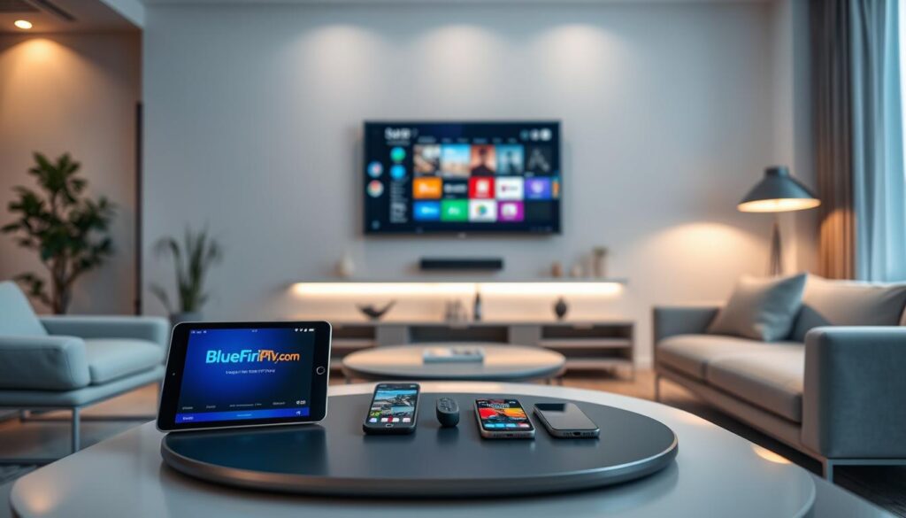 A modern, sleek living room featuring various devices compatible with B1G IPTV, including a smart TV, tablet, and smartphone, arranged artfully on a stylish coffee table. The foreground showcases a tablet displaying the bluefireiptv.com interface, while the middle ground shows a large flat-screen TV mounted on the wall with a colorful streaming interface. The background features soft, ambient lighting that creates a cozy atmosphere, highlighting sleek, minimalist furniture. Use a wide-angle lens perspective to capture the entire scene, ensuring the devices are clearly visible and inviting. The mood is vibrant and contemporary, emphasizing seamless connectivity and entertainment, perfect for illustrating "Seamless Compatibility: Devices Supported by Big IPTV."