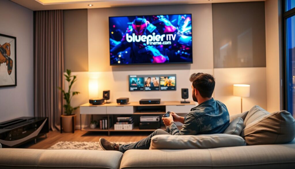 A modern, sleek living room setting designed for a gaming experience, featuring a high-definition TV displaying vibrant streaming content from Gamers IPTV, which is represented by the logo "bluefireiptv.com" subtly shown on the screen. In the foreground, a professional gamer in modest casual clothing sits comfortably on a stylish sofa, focused and engaged, with a gaming controller in hand. In the middle, a well-organized media console displays various streaming devices and neatly arranged playlists. The background consists of gamer-themed decor, soft ambient lighting casting a warm glow, and large windows revealing a cozy evening atmosphere. Capture this scene from a slightly low angle to emphasize the gamer’s immersion, conveying excitement and the essence of an optimized streaming experience.