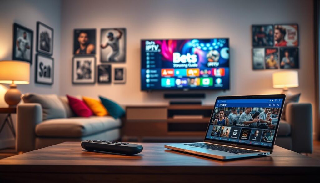 A modern, sleek living room setting featuring a large flat-screen television displaying a vibrant interface for "Bets IPTV Streaming Guide." In the foreground, a stylish coffee table holds a remote control and an open laptop showing the bluefireiptv.com website. The middle layer shows a comfortable sofa with colorful cushions, complementing the tech-savvy atmosphere. The background displays wall art related to sports and entertainment. Soft, warm lighting creates an inviting ambiance, accentuated by a subtle bokeh effect in the background. The scene is viewed from a slightly elevated angle, emphasizing the streaming guide interface and the cozy environment, evoking a sense of excitement and technology in 2026. The mood is optimistic and futuristic, perfect for understanding IPTV trends.