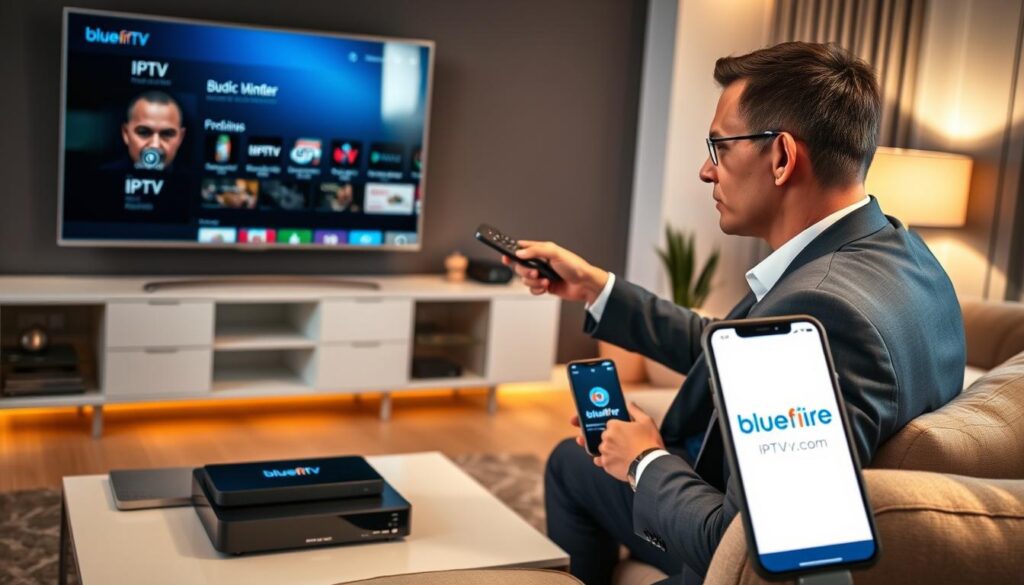 A modern, sleek living room setup featuring a high-definition television displaying an IPTV interface. In the foreground, a professional-looking person in business attire, with a focused expression, is using a remote control to navigate the IPTV options. The mid-ground shows a stylish coffee table with IPTV player devices, a laptop, and a smartphone displaying the bluefireiptv.com logo prominently. The background features a cozy ambiance with warm lighting illuminating the room, creating a relaxed atmosphere. The overall scene conveys a sense of technology integration and modern entertainment, emphasizing the importance of choosing the right IPTV player for an enhanced viewing experience, with a focus on clarity and user-friendly interfaces.