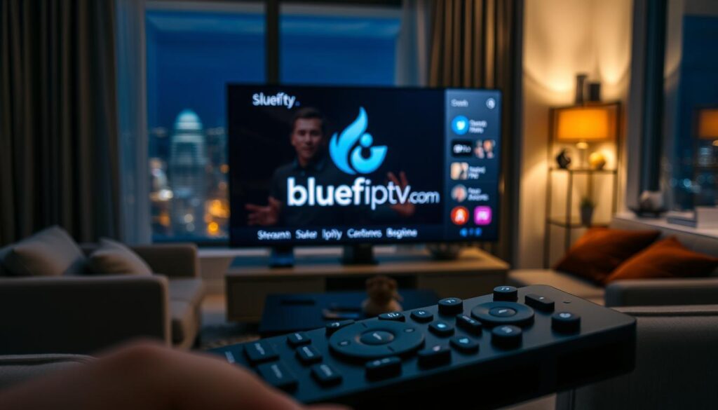 A modern, sleek user interface of an IPTV player displayed on a high-resolution flat-screen TV. In the foreground, a close-up of a smart remote control with various buttons, symbolizing user interaction. The middle ground features a stylish living room setup with comfortable seating, dim lighting that creates a cozy atmosphere, and a decorative shelf displaying tech gadgets. The background shows a window with a nighttime cityscape illuminated by lights, enhancing the mood of relaxation while watching IPTV. Soft, ambient lighting highlights the IPTV player features, such as a logo for "bluefireiptv.com", and visual elements representing streaming quality, channel options, and user-friendly navigation. The scene should convey a sense of modernity and comfort, focusing on the key features of IPTV players.