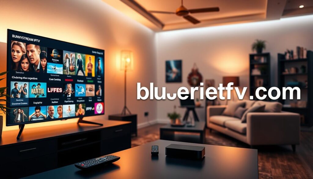 A modern, sleek workspace filled with technology elements representing Bunnystream IPTV. In the foreground, a large, high-definition screen displays colorful thumbnails of various IPTV content, including movies, sports, and live television in an organized interface. The middle section features a stylish desk with a user-friendly remote control and a digital streaming device, illuminated by soft ambient lighting. The background showcases a cozy living room setting, featuring a plush sofa and decorative elements such as plants and bookshelves. The atmosphere is inviting and tech-savvy, evoking a sense of convenience and entertainment. The brand name "bluefireiptv.com" subtly integrated into the workspace ambiance, enhancing the professionalism without direct branding. The lighting is warm, with a focus on creating an engaging and dynamic mood, shot from a slightly elevated angle.