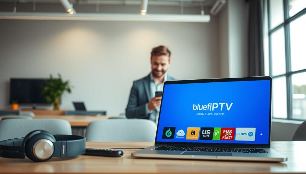 A modern workspace showcasing a sleek laptop displaying a vibrant IPTV interface featuring the logo of "bluefireiptv.com." In the foreground, there are colorful icons representing various cheap IPTV providers, each distinct and engaging, surrounded by a stylish set of headphones and a remote control. The middle ground features a user browsing on a smartphone, dressed in professional business attire, with a satisfied expression, indicating enjoyment of affordable streaming options. In the background, a minimalist office setup with soft ambient lighting enhances the atmosphere of technology and innovation, with large windows showing a bright daylight scene outside. The overall mood is welcoming, encouraging viewers to explore new streaming solutions for 2026.