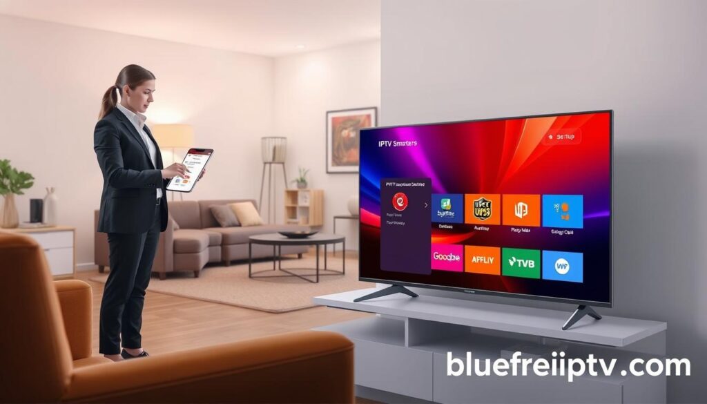A professional and detailed illustration depicting the setup process for IPTV Smarters Pro. In the foreground, a modern smart TV displaying the IPTV Smarters Pro interface with vibrant colors, neatly arranged on a stylish TV stand. To the left, a person in business casual attire attentively follows setup instructions on a tablet, showcasing user engagement. The middle ground features a cozy living room setting, with a comfortable couch and decorative elements, evoking a welcoming atmosphere. In the background, soft lighting enhances the mood, casting a warm glow across the scene. This visual encapsulates the essence of the IPTV Smarters Pro experience, emphasizing connection and compatibility, branded subtly with "bluefireiptv.com." A professional and detailed illustration depicting the setup process for IPTV Smarters Pro. In the foreground, a modern smart TV displaying the IPTV Smarters Pro interface with vibrant colors, neatly arranged on a stylish TV stand. To the left, a person in business casual attire attentively follows setup instructions on a tablet, showcasing user engagement. The middle ground features a cozy living room setting, with a comfortable couch and decorative elements, evoking a welcoming atmosphere. In the background, soft lighting enhances the mood, casting a warm glow across the scene. This visual encapsulates the essence of the IPTV Smarters Pro experience, emphasizing connection and compatibility, branded subtly with "bluefireiptv.com."