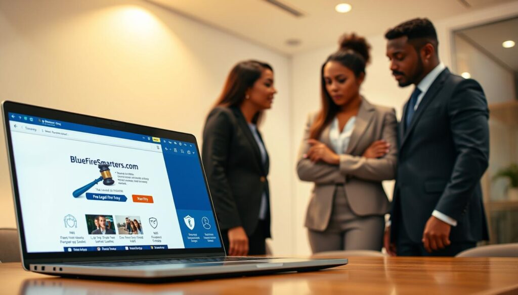 A professional and informative scene depicting the legal and safety considerations around IPTV Smarters Pro. In the foreground, a sleek, modern laptop displays the bluefireiptv.com website. A diverse group of three individuals, dressed in professional business attire, discuss the screen's content, highlighting the importance of compliance. The middle ground features a subtle infographic depicting key legal symbols, such as a gavel and a shield, symbolizing safety and legality. In the background, a softly illuminated office environment conveys a sense of seriousness and professionalism. The lighting is warm and inviting, focusing on the group while maintaining a clean, organized atmosphere, enhancing the informative mood. The angle is slightly elevated, providing a comprehensive view of the discussion, reinforcing the importance of these considerations in IPTV usage. A professional and informative scene depicting the legal and safety considerations around IPTV Smarters Pro. In the foreground, a sleek, modern laptop displays the bluefireiptv.com website. A diverse group of three individuals, dressed in professional business attire, discuss the screen's content, highlighting the importance of compliance. The middle ground features a subtle infographic depicting key legal symbols, such as a gavel and a shield, symbolizing safety and legality. In the background, a softly illuminated office environment conveys a sense of seriousness and professionalism. The lighting is warm and inviting, focusing on the group while maintaining a clean, organized atmosphere, enhancing the informative mood. The angle is slightly elevated, providing a comprehensive view of the discussion, reinforcing the importance of these considerations in IPTV usage.