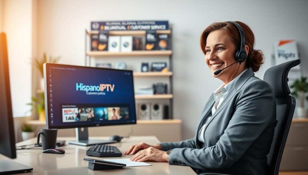A professional customer support representative of Hispano IPTV is seated at a modern desk in a bright, inviting office space. The foreground features the representative, a middle-aged Hispanic woman, dressed in business attire, engaging with a headset, demonstrating attentive service. The middle layer showcases a computer screen displaying the Hispano IPTV logo and a visual interface of streaming options. In the background, shelves with bilingual customer service materials and promotional content from bluefireiptv.com enhance the supportive atmosphere. Soft, warm lighting bathes the room, creating a welcoming and professional mood. The camera angle is slightly tilted to provide a dynamic perspective, emphasizing the commitment to comprehensive bilingual service and quality support for US viewers.