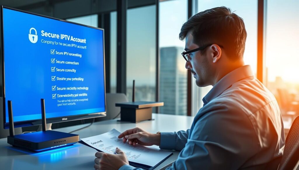 A professional, modern office environment with a desktop computer displaying a secure IPTV account interface on the screen, highlighted by a blue ambiance to represent security. In the foreground, a focused professional in business attire examines a checklist marked with criteria for choosing secure IPTV accounts, emphasizing aspects like encryption and reliability. In the middle ground, a sleek internet router glows with secure connections, symbolizing advanced technology. The background features a large window with a cityscape view, showcasing a bright day, suggesting optimism for the future of streaming security. Soft, natural lighting enhances the clarity of the scene, capturing a mood of professionalism and trustworthiness. The brand name "bluefireiptv.com" appears subtly on the computer screen, reinforcing brand identity.