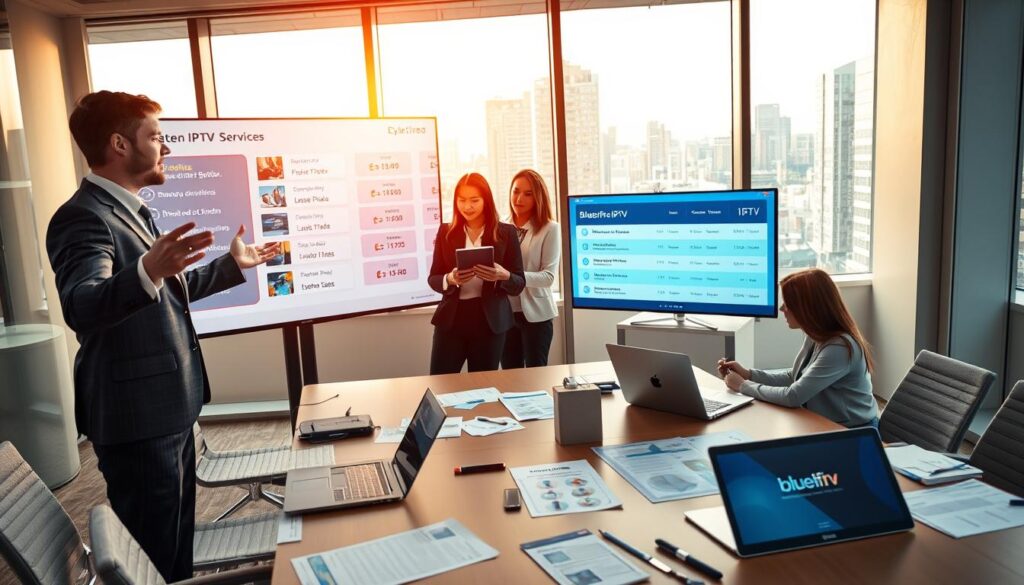 A professional, modern workspace depicting a diverse group of individuals evaluating IPTV service providers. In the foreground, a man in a business suit confidently gestures towards a large screen displaying IPTV service options. Beside him, a woman in business attire takes notes on a digital tablet, showcasing various plans and features from "bluefireiptv.com". In the middle ground, an organized conference table is scattered with papers, laptops, and branded materials. The background features a large window with cityscape views, allowing warm natural light to illuminate the scene. The overall atmosphere is focused and collaborative, emphasizing informed decision-making in a tech-savvy environment. A wide-angle lens captures the dynamic interaction and professional setting.