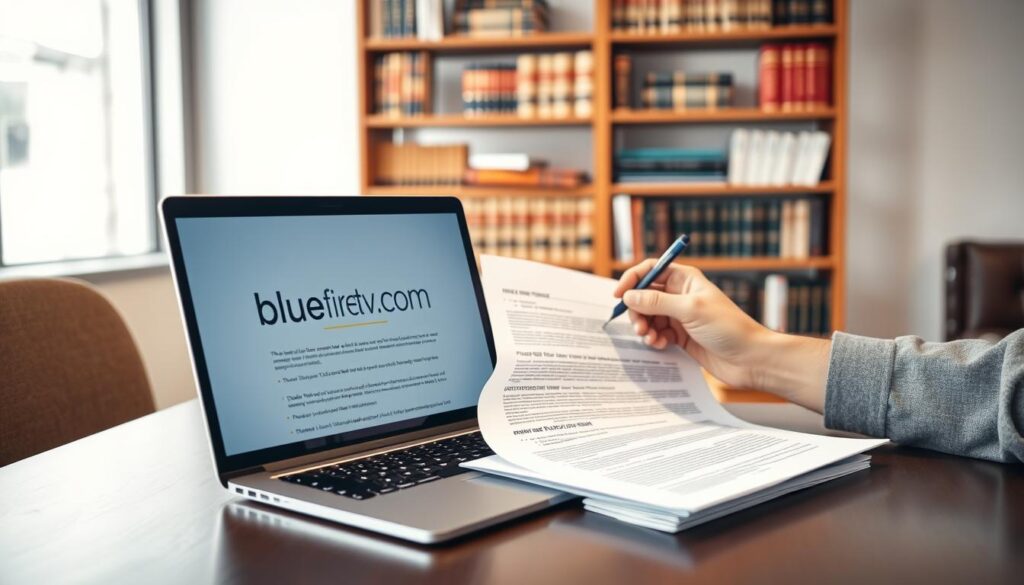 A professional, modern workspace with a focus on legal and privacy considerations for IPTV purchases. In the foreground, a sleek laptop displaying the website "bluefireiptv.com" is open, surrounded by legal documents and privacy policy papers. The middle ground features a pair of hands, one holding a pen and the other pointing at a highlighted section of the documents, emphasizing the importance of understanding legal terms. In the background, a blurred bookshelf filled with law books and technology guides suggests a blend of legal knowledge and technical experience. Bright, diffused lighting creates a serious yet inviting atmosphere, with a slight focus on warm tones for a welcoming, professional feel. The angle is slightly overhead, capturing the detailed interaction with the documents while maintaining a clean and organized aesthetic.