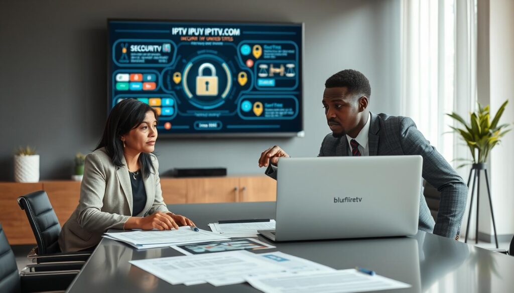 A professional office setting depicting a diverse group of individuals analyzing IPTV services. In the foreground, a middle-aged Asian woman and a young Black man are engaged in a serious discussion, both dressed in business attire, pointing at a laptop displaying IPTV channels and security protocols. In the middle ground, a modern conference table filled with legal documents and security infographics, emphasizing the legality and security aspects of IPTV services in the United States. In the background, a wall-mounted screen showcases a captivating infographic related to IPTV legality with visual elements like padlocks and legal scales. Soft, natural lighting enhances the professional atmosphere. The entire scene exudes a sense of trust and seriousness in the discussion about IPTV, with a subtle branding reference to "bluefireiptv.com" incorporated into the visual layout.