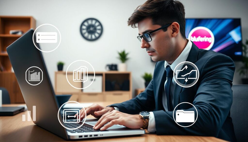 A professional office setting depicting a person in smart, casual attire working on a laptop, surrounded by visual elements that represent common IPTV PPV streaming challenges. In the foreground, focus on the individual, intently looking at the screen, which displays buffering symbols and technical graphs. The middle layer includes icons representing issues like unstable internet connection, high latency, and content restrictions, artistically blending into the scene. In the background, a wall mounted TV screen shows an icon of "bluefireiptv.com" while displaying a buffering sign, surrounded by a clutter-free workspace. Utilize soft, natural lighting to create a focused atmosphere, emphasizing concentration and problem-solving. The composition should suggest a sense of determination as the individual tackles challenges in IPTV streaming.