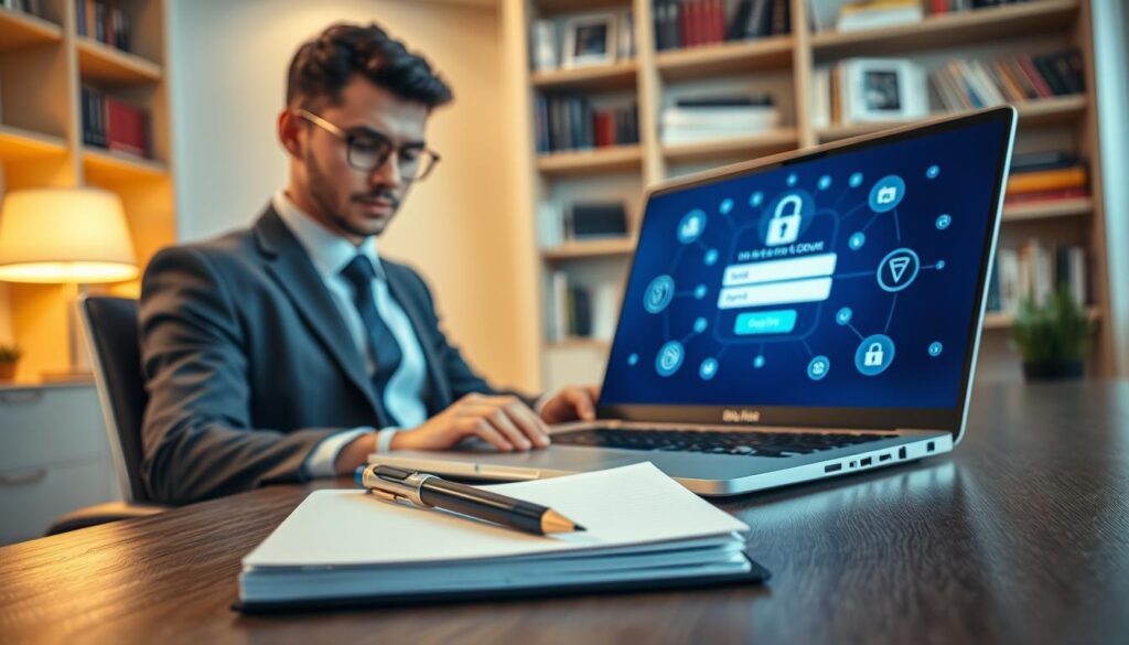 A professional setting illustrating the management of IPTV account credentials, featuring a focused individual in business attire sitting at a modern desk with a laptop open, displaying a secure login page. In the foreground, a notepad and pen are visible, emphasizing the meticulous note-taking of password protocols. The middle layer shows the laptop screen with cybersecurity graphics, such as padlocks and digital shields, symbolizing protection against unauthorized access. The background features a softly lit office space with bookshelves filled with technology guides, conveying a sense of reliability and professionalism. Warm, inviting lighting enhances the atmosphere, creating a feeling of trust and security. Include the brand name "bluefireiptv.com" subtly visible on the laptop screen, integrating it seamlessly into the scene.
