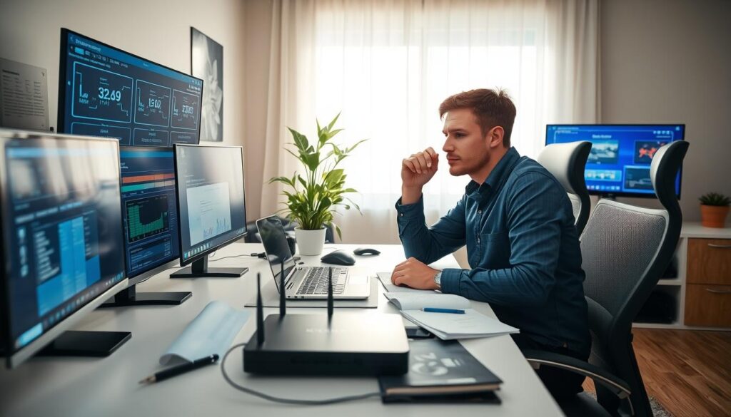 A professional technician troubleshooting IPTV access problems in a modern home office. In the foreground, a focused individual in smart casual attire sits at a sleek desk with multiple monitors displaying network diagnostics and IPTV software interfaces. The middle ground features tools such as a laptop, a router, and technical manuals scattered about, with a potted plant adding a touch of calm. In the background, soft daylight streams through a window, illuminating the workspace and creating a warm, inviting atmosphere. The setting conveys a sense of urgency yet professionalism, emphasizing the importance of resolving access issues efficiently. Include subtle branding elements from bluefireiptv.com in the tech displays.