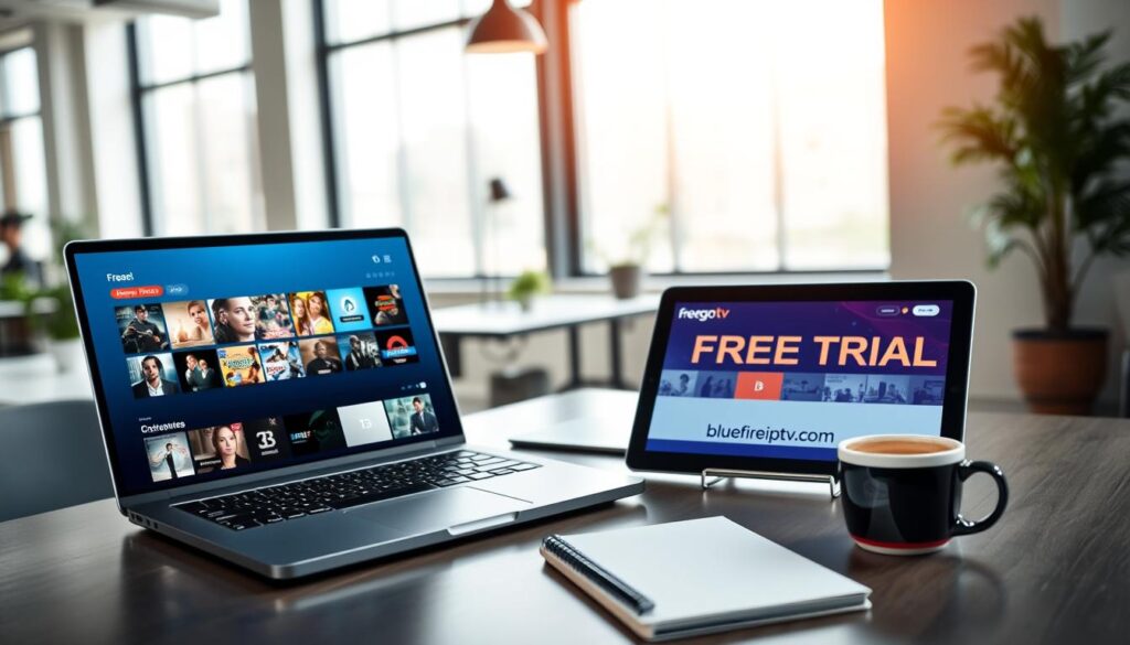 A professional workspace showcasing the concept of a "Free Trial for Freego IPTV". In the foreground, a modern laptop displays the Freego IPTV interface, vibrant with diverse streaming content options. Beside the laptop, a sleek tablet shows an engaging promotional graphic featuring "bluefireiptv.com". In the middle ground, a neatly organized desk with a notepad and a stylish coffee cup suggests productivity and focus. The background features a bright, airy office with large windows allowing soft natural light to illuminate the scene, enhancing a welcoming atmosphere. The overall mood is inspiring and tech-savvy, reflecting ease of access to entertainment. The angle is slightly top-down to capture all elements harmoniously, ensuring a clean and professional look without any distractions. A professional workspace showcasing the concept of a "Free Trial for Freego IPTV". In the foreground, a modern laptop displays the Freego IPTV interface, vibrant with diverse streaming content options. Beside the laptop, a sleek tablet shows an engaging promotional graphic featuring "bluefireiptv.com". In the middle ground, a neatly organized desk with a notepad and a stylish coffee cup suggests productivity and focus. The background features a bright, airy office with large windows allowing soft natural light to illuminate the scene, enhancing a welcoming atmosphere. The overall mood is inspiring and tech-savvy, reflecting ease of access to entertainment. The angle is slightly top-down to capture all elements harmoniously, ensuring a clean and professional look without any distractions.