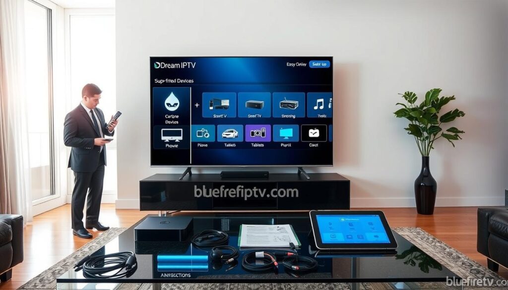 A serene living room scene showcasing a "Dream IPTV Setup Process Overview." In the foreground, a sleek modern flat-screen TV displays the user-friendly Dream IPTV interface, highlighting various supported devices like smart TVs, tablets, and streaming boxes. To the left, a professional individual in smart business attire is attentively setting up the device, emphasizing the easy setup process. In the middle ground, a stylish coffee table holds a remote control, cables neatly organized, and a tablet with instructions visible. The background features a bright, inviting window, allowing natural light to illuminate the space, creating a calm atmosphere. The overall mood is professional yet relaxed, ideal for illustrating technology in a home setting. Include the brand name "bluefireiptv.com" subtly integrated within the setup view.