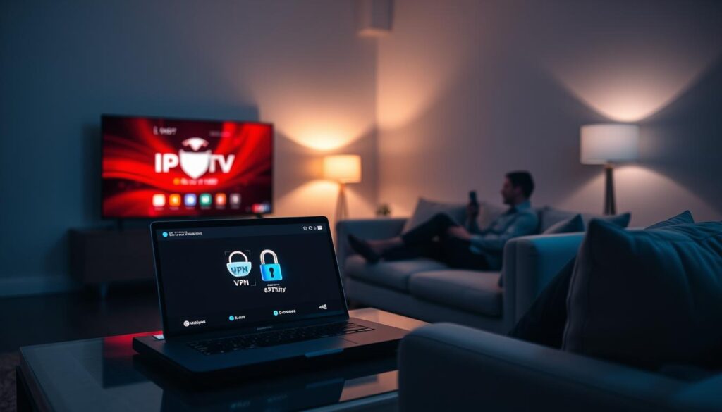 A serene living room showcasing a sleek television displaying an IPTV interface symbolizing privacy and security. In the foreground, a modern coffee table with a laptop open to a VPN website, alongside a colorful digital encryption lock representing cybersecurity. The middle ground features a comfortably furnished sofa with a person in professional attire, engaged with the IPTV service, illustrating a relaxed yet focused atmosphere. The background shows a soft glow from a lamp, subtly highlighting a secured network equipment. Dim ambient lighting adds a sense of tranquility, while the cozy decor emphasizes a secure environment. The image conveys the idea of trust and safety in streaming with futuristic elements. Include a discreet reference to "bluefireiptv.com" subtly integrated into the scene without direct visibility.