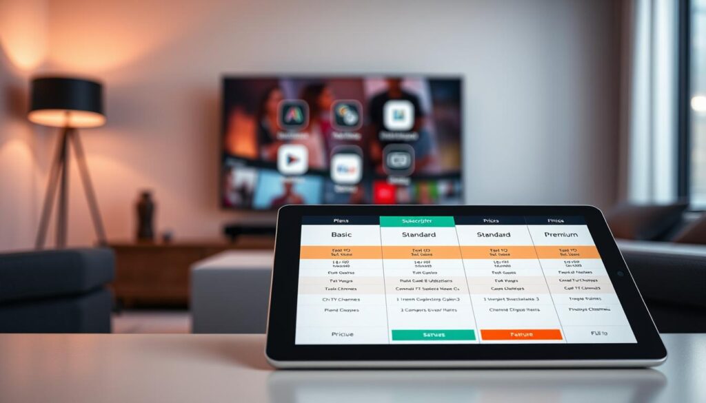A sleek and modern layout showcasing the subscription plans and pricing for Catchon TV IPTV, positioned in a clean and professional style. The foreground features a detailed tablet displaying an attractive pricing chart with clear plan tiers labeled as "Basic," "Standard," and "Premium," each with corresponding prices and features. In the middle, elegant icons representing different TV channels, streaming quality, and device compatibility. The background is softly blurred to highlight a contemporary home entertainment setup, with ambient lighting that evokes a cozy viewing atmosphere. The overall mood should be inviting and informative, using a color palette that incorporates the brand color scheme of bluefireiptv.com for coherence and branding.