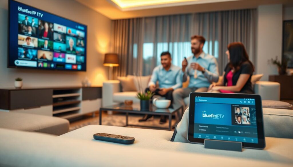 A sleek and modern living room setting serves as the foreground, showcasing a large flat-screen TV displaying vibrant streaming content. In the middle ground, a stylish coffee table holds a remote control and a tablet with the bluefireiptv.com interface visible. The background features soft, ambient lighting and contemporary decor, enhancing a cozy atmosphere. Incorporate a diverse group of three people dressed in business casual attire, engaged in an animated discussion about their favorite IPTV services. The lighting should be warm, creating an inviting and engaging mood, with a slight focus blur on the edges to emphasize the main subjects. The overall composition should evoke a sense of excitement and connection around IPTV services, reflecting the theme of discovery and recommendation.