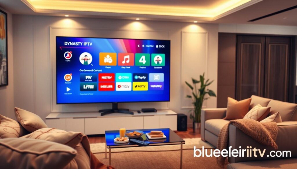 A sleek and modern living room setting showcasing a high-definition television displaying a vibrant interface of "Dynasty IPTV" features. In the foreground, a cozy sofa with neutral-colored cushions, a coffee table with snacks, and a remote control on the table. In the middle, a close-up of the TV screen illuminating the room with colorful icons representing features like on-demand content, live TV options, and user-friendly navigation. The background features elegant decor with soft lighting giving a warm atmosphere, a potted plant beside the TV. The entire scene is depicted in a high-quality, well-lit, and balanced composition with a slight depth of field, suggesting a friendly and inviting streaming experience. Watermark or text overlays are absent. Include the brand "bluefireiptv.com" subtly integrated into the furniture or decor design. A sleek and modern living room setting showcasing a high-definition television displaying a vibrant interface of "Dynasty IPTV" features. In the foreground, a cozy sofa with neutral-colored cushions, a coffee table with snacks, and a remote control on the table. In the middle, a close-up of the TV screen illuminating the room with colorful icons representing features like on-demand content, live TV options, and user-friendly navigation. The background features elegant decor with soft lighting giving a warm atmosphere, a potted plant beside the TV. The entire scene is depicted in a high-quality, well-lit, and balanced composition with a slight depth of field, suggesting a friendly and inviting streaming experience. Watermark or text overlays are absent. Include the brand "bluefireiptv.com" subtly integrated into the furniture or decor design.